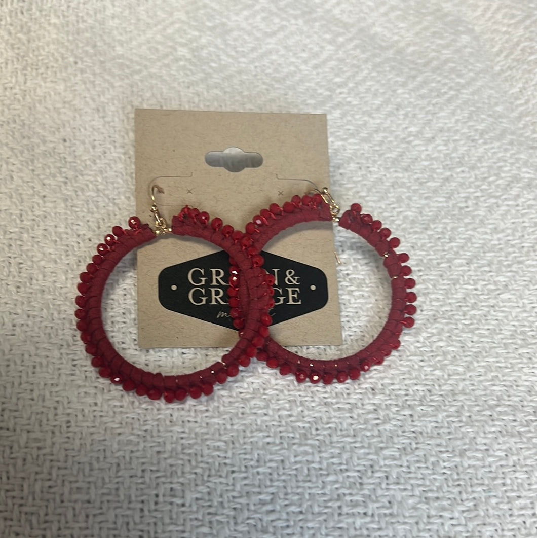 Beaded Red Open Circle Earrings