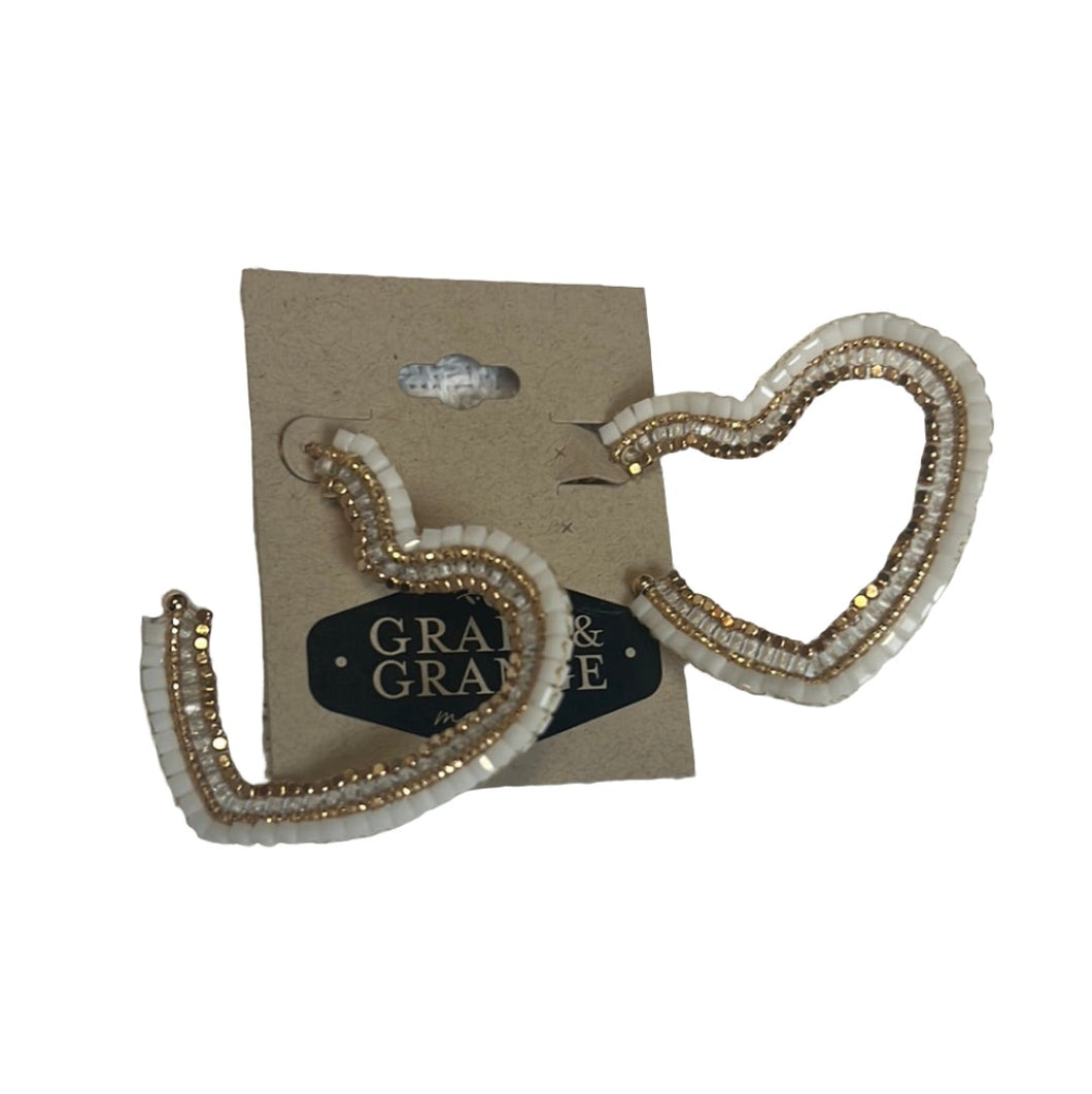 White and Gold Beaded Open Heart Earrings
