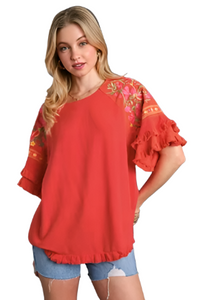 Genevieve Blood Orange Embroidered Top