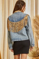 Denim Jacket with Reverse Leather Collar and Fringe
