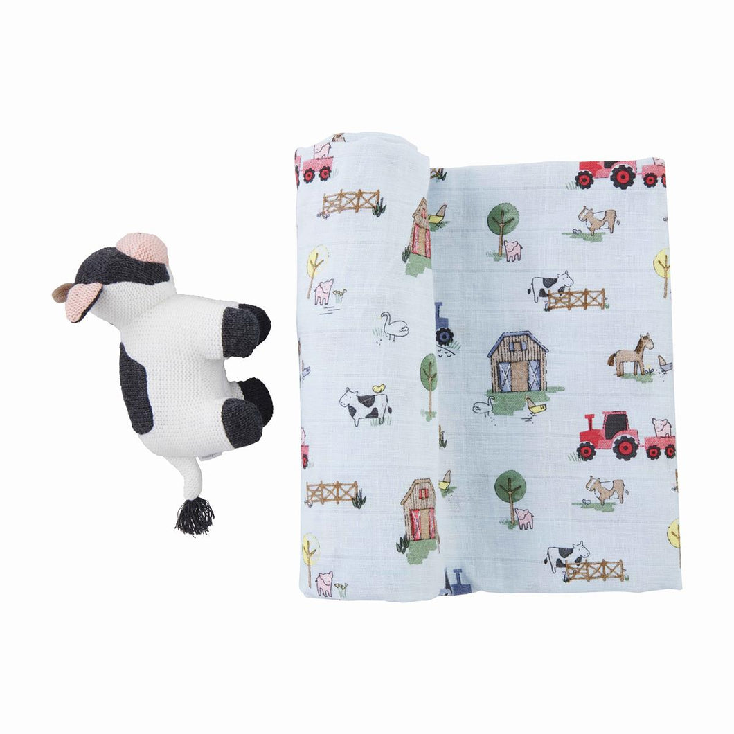 Blue Cow Swaddle And Rattle