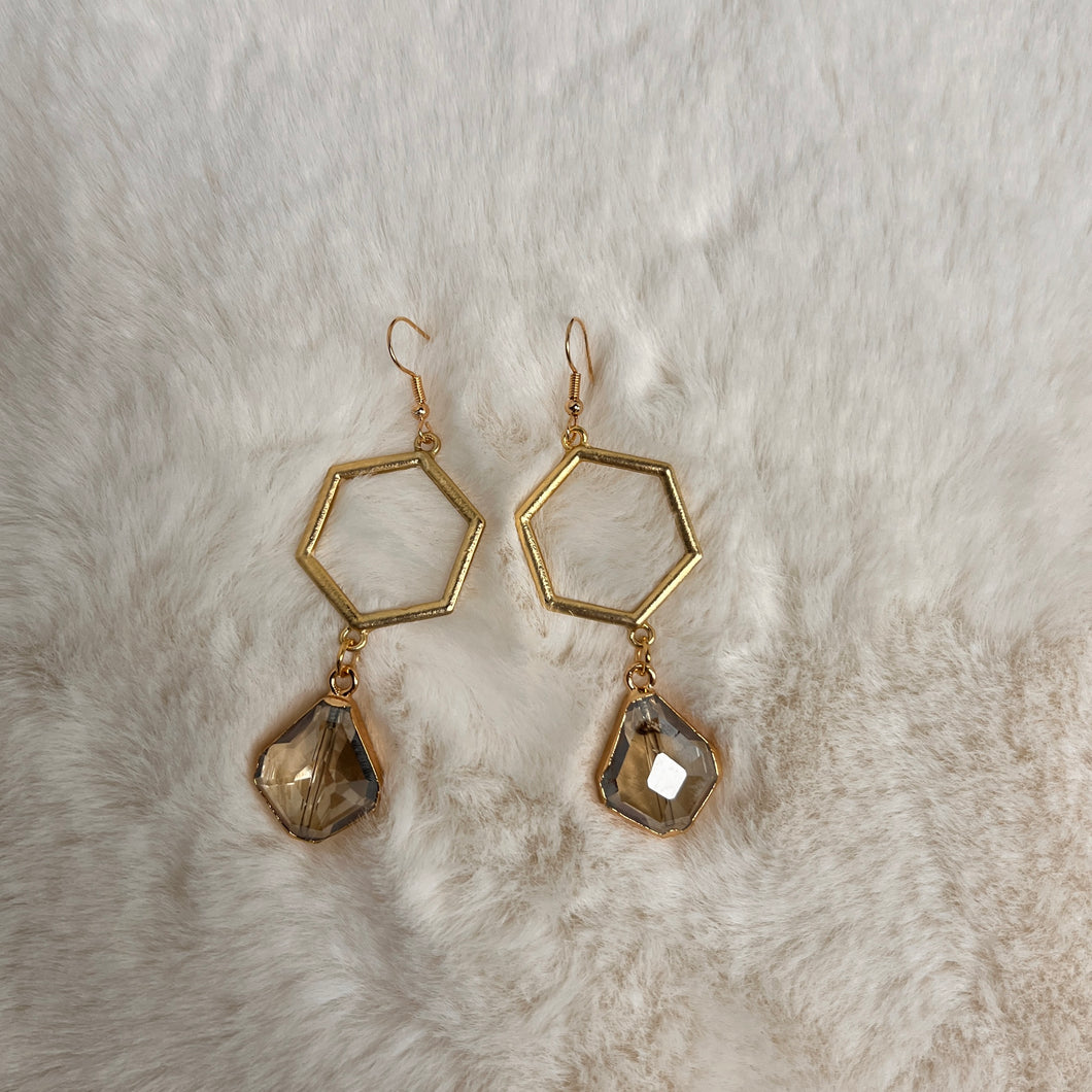 Emma Textured Gold Hexagon and Fog Colored Stone Earrings