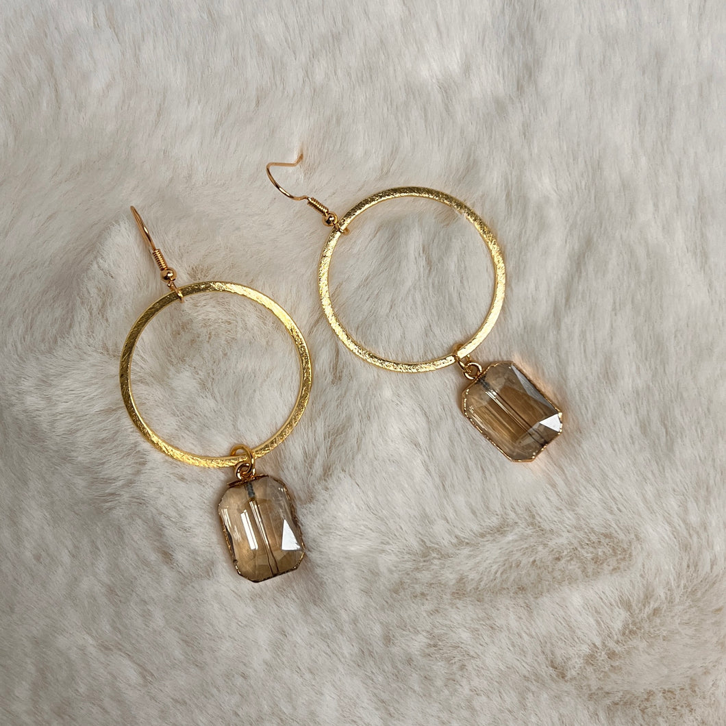 Reagan Textured Gold Circle and Fog Colored Stone Earrings